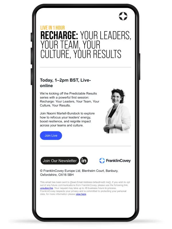 Mobile user experience of custom email design for FranklinCovey